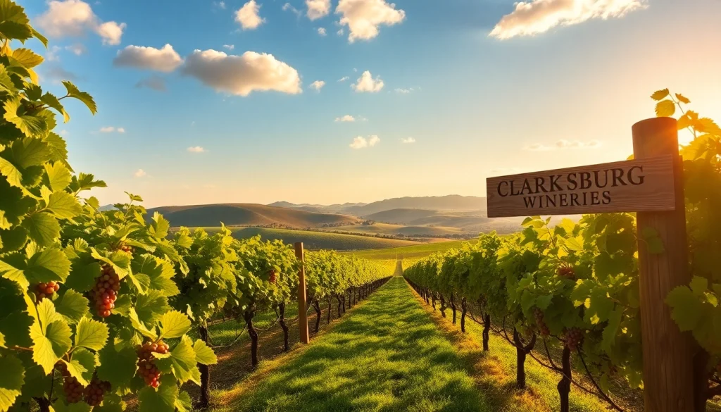 Visiting Clarksburg wineries with vibrant grapevines under golden sunlight.