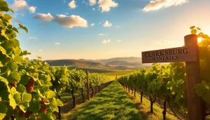 Visiting Clarksburg wineries with vibrant grapevines under golden sunlight.