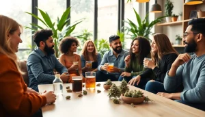 Cannabis social club interior with diverse members sharing experiences in a welcoming atmosphere.