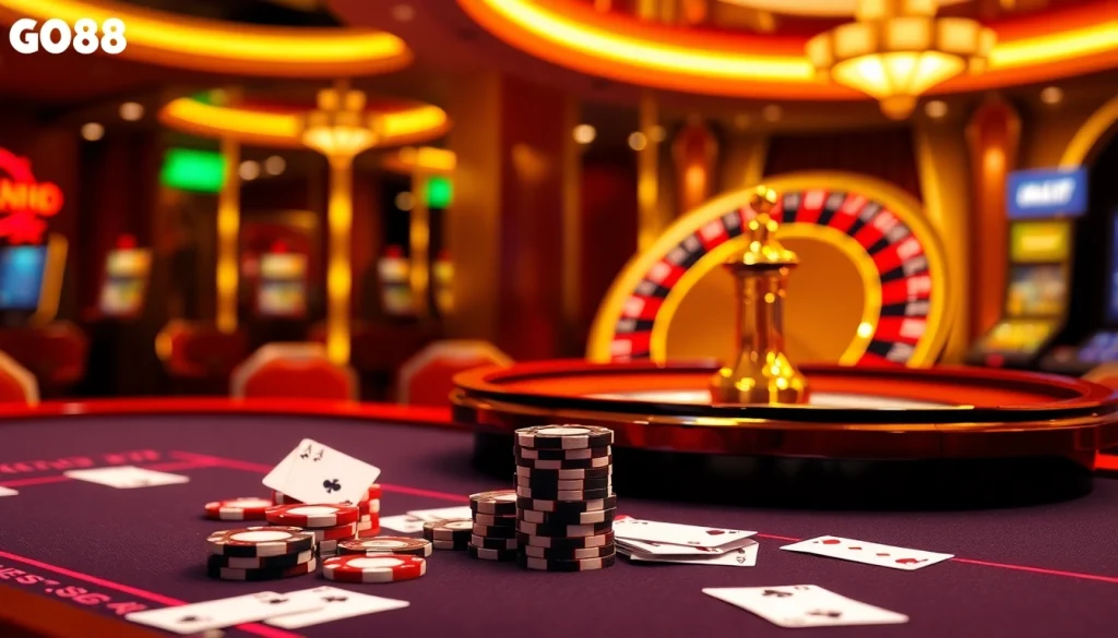 Experience luxury gaming at trang chủ go88 with vibrant casino tables and spinning roulette wheels.
