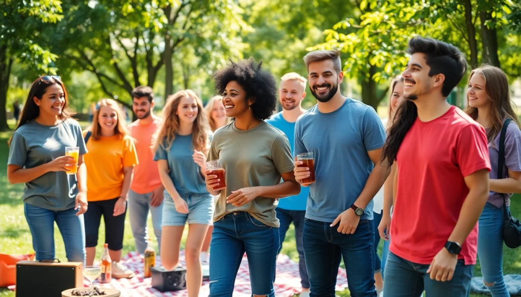 Group of friends showcasing stylish premium t-shirts online in a vibrant park setting, enjoying a sunny day.