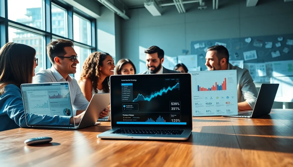 Engaged team strategizing for https://boost-social-media.com in a bright office, showcasing digital marketing.