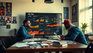 Hip hop publicist agency team strategizing with music analytics for successful campaigns