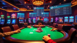 Hi88 players engaging in high-stakes poker, surrounded by vibrant gaming elements.