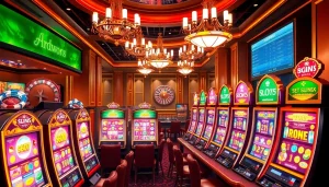 Excited players engaging with colorful online슬롯 machines in a luxurious casino setting.