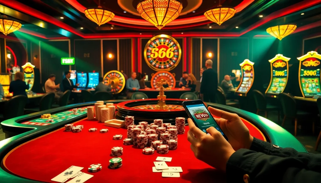 New66 casino experience showing players engaging in thrilling gameplay at vibrant tables with chips and cards.