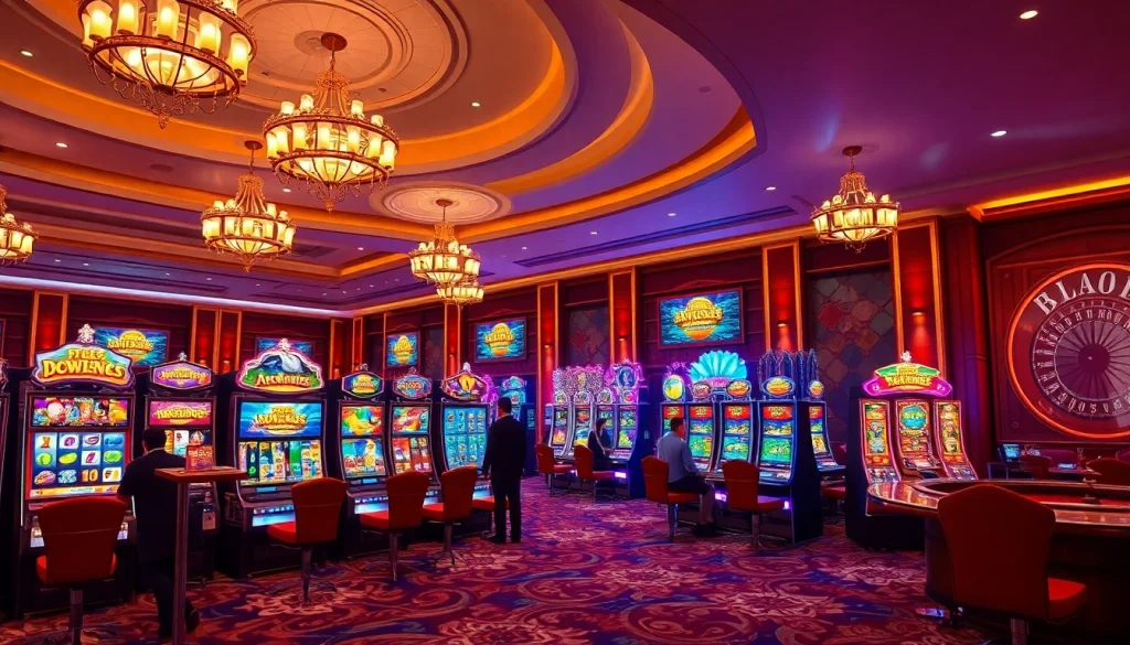 Players enjoying vibrant Slot Online machines in an elegant casino setting.
