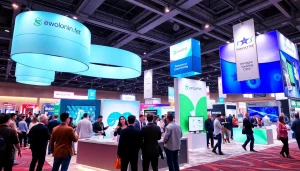 Engaging trade show booth design attracting attendees at a lively event.