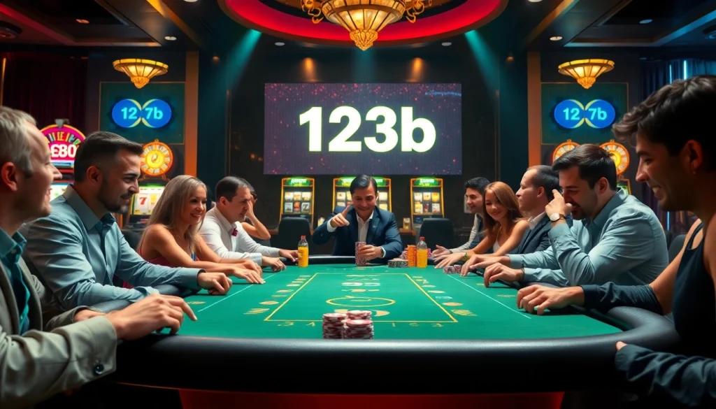 High-stakes poker action at a luxurious casino with '123b' branding visible amidst the excitement.