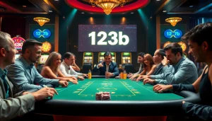 High-stakes poker action at a luxurious casino with '123b' branding visible amidst the excitement.