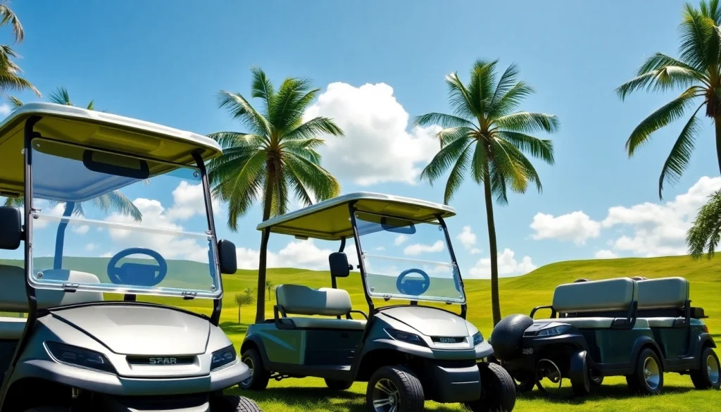 Explore star ev golf carts lined up on a sunny golf course, reflecting leisure and style.
