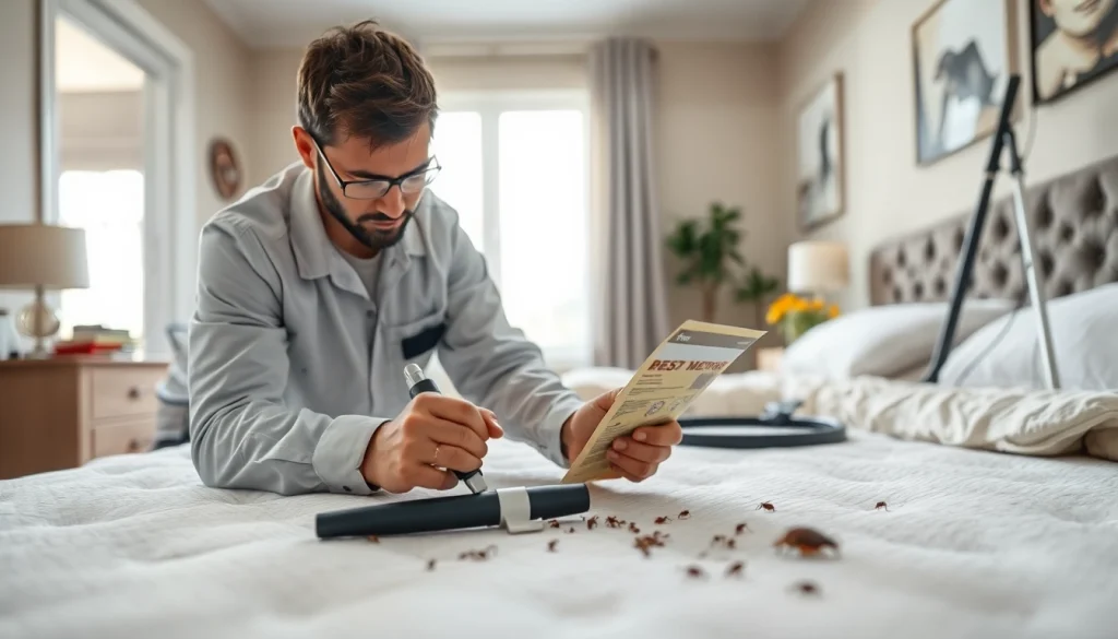 Inspecting for bed bugs at https://affordablebedbugexterminators.com with a professional technician in a cozy bedroom.