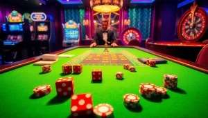 Engaging scene of players enjoying tài xỉu qq88 at a luxurious casino table filled with vibrant elements and excitement.