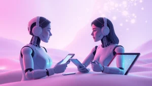 Engaging visual of sex ai chatbots in a serene digital environment promoting intimacy.