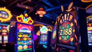 Menampilkan logo zoom188 pada mesin slot, simbol keberuntungan, dan suasana kasino yang megah.