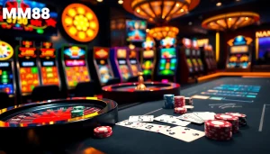 Engaging scene of Nhà cái MM88 featuring vibrant casino tables and betting excitement.