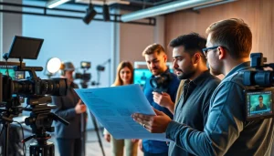 Engaging corporate video production in a professional studio setting, showcasing teamwork and creativity.