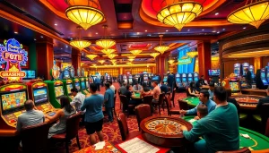 Exciting atmosphere of top 10 nhà cái uy tín in a luxurious casino scene with diverse gamblers.