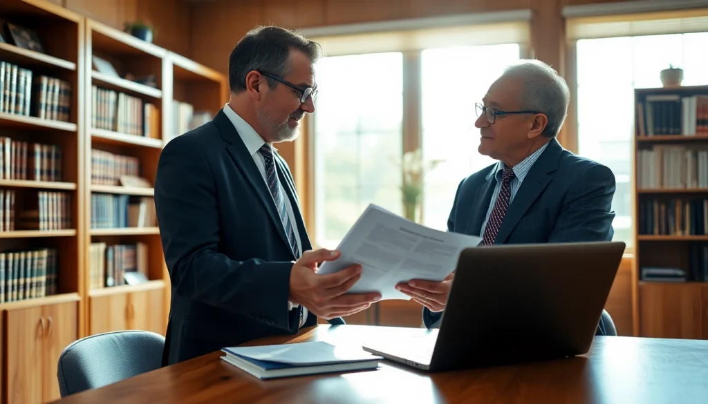 Eminent domain lawyer assisting a client in a professional office setting.