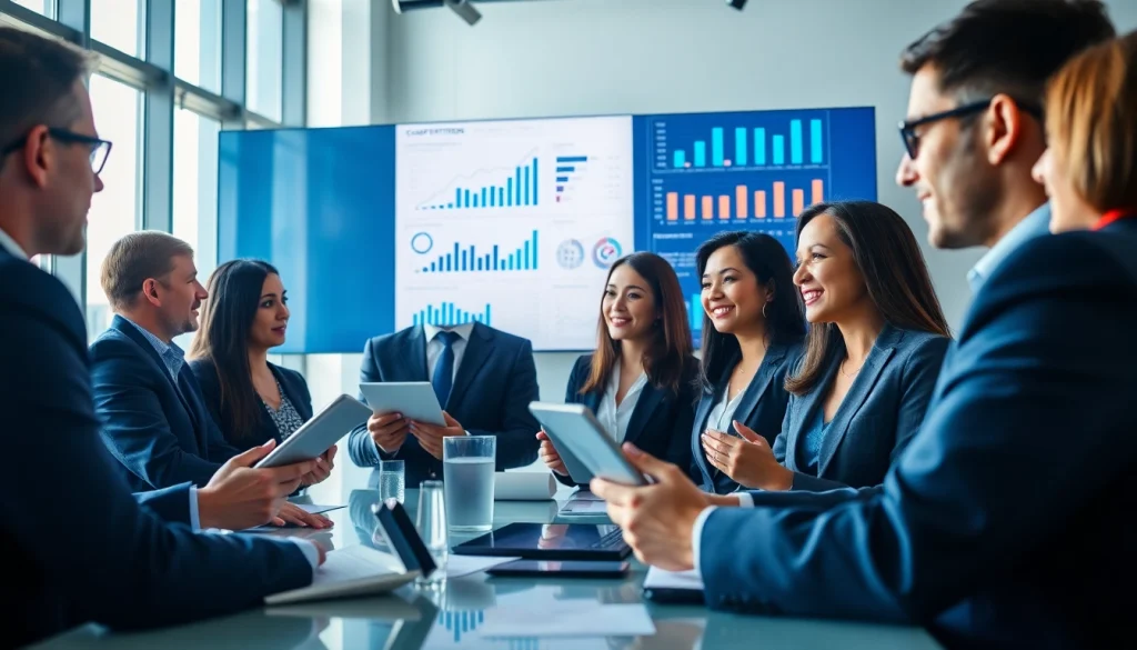 Engaged team analyzing competitive intelligence data during a business meeting