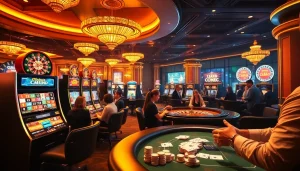 Players enjoying the excitement at lc88 casino with vibrant slot machines and roulette tables.