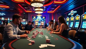 Engaged gamblers enjoying trực tiếp bóng đá at a luxurious casino setting with vibrant poker tables and live betting.