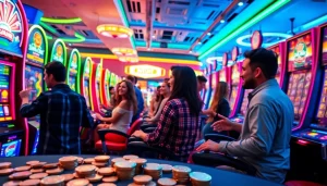 Menampilkan pengalaman bermain slot deposit 1000 yang bersemangat di kasino yang ramai.