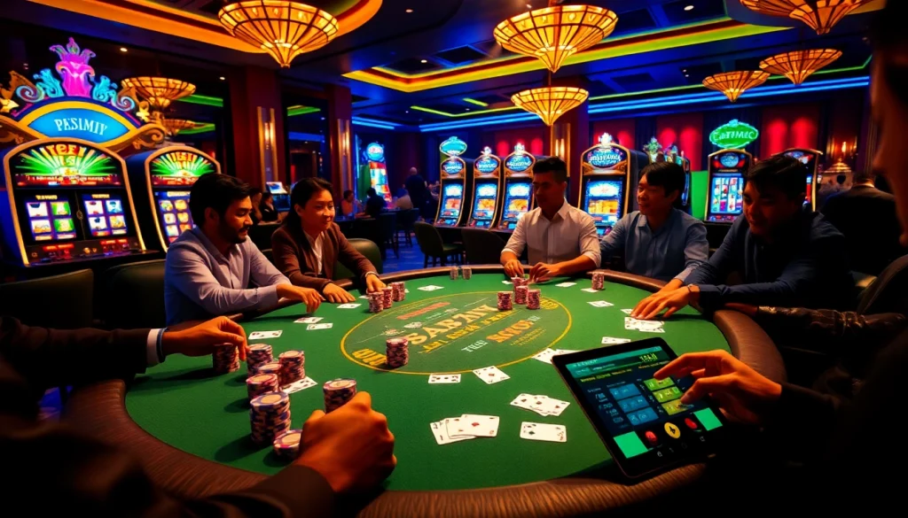 Khela88 Bangladesh players enjoy an exciting poker game with vibrant casino atmosphere.