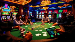 Khela88 Bangladesh players enjoy an exciting poker game with vibrant casino atmosphere.