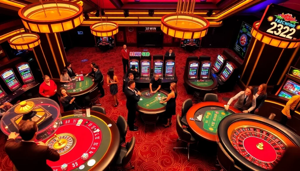 Players enjoying thrilling casino action at the 32WIN gaming tables with vibrant lights.
