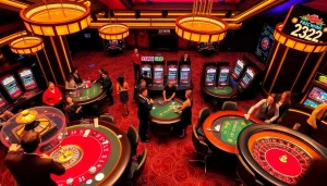 Players enjoying thrilling casino action at the 32WIN gaming tables with vibrant lights.