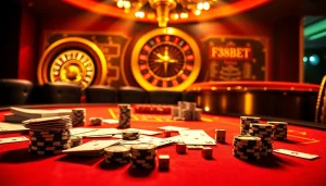 Experience the thrill of F88BET at a luxurious casino table filled with poker chips and cards.