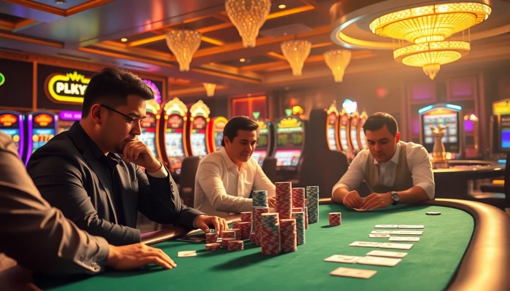 Pemain Dewanaga89 menikmati permainan poker yang mendebarkan di lingkungan kasino mewah.