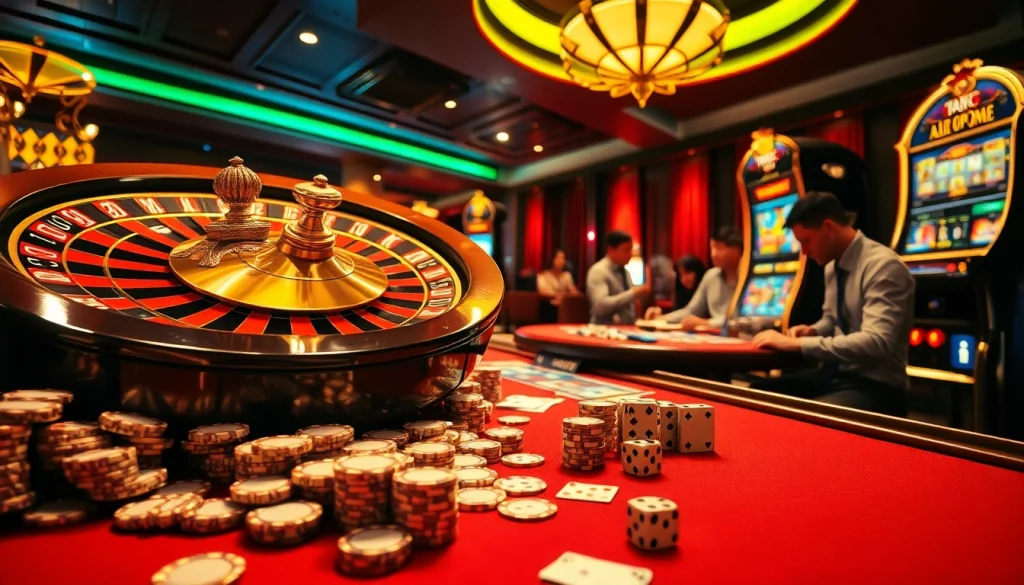 Exciting scene of players engaging with casino games, showcasing AF88 COM's vibrant gambling atmosphere.