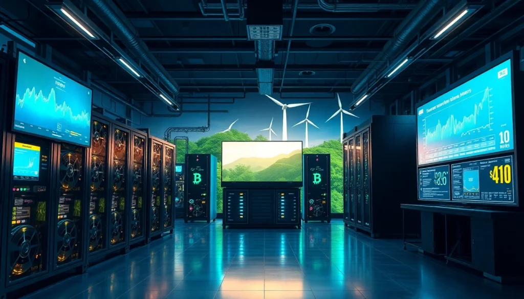 Smart mining facility featuring a crypto mining app with advanced AI technology and renewable energy sources.