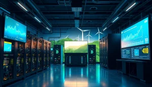 Smart mining facility featuring a crypto mining app with advanced AI technology and renewable energy sources.