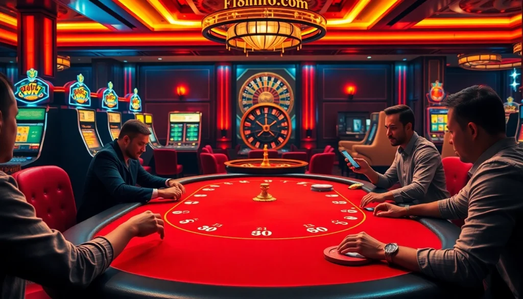 Players enjoying a thrilling poker game at f168info.com, showcasing an exciting casino atmosphere.