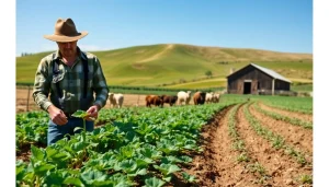 Explore the intricacies of agriculture law through a farmer tending to crops against a vibrant landscape.
