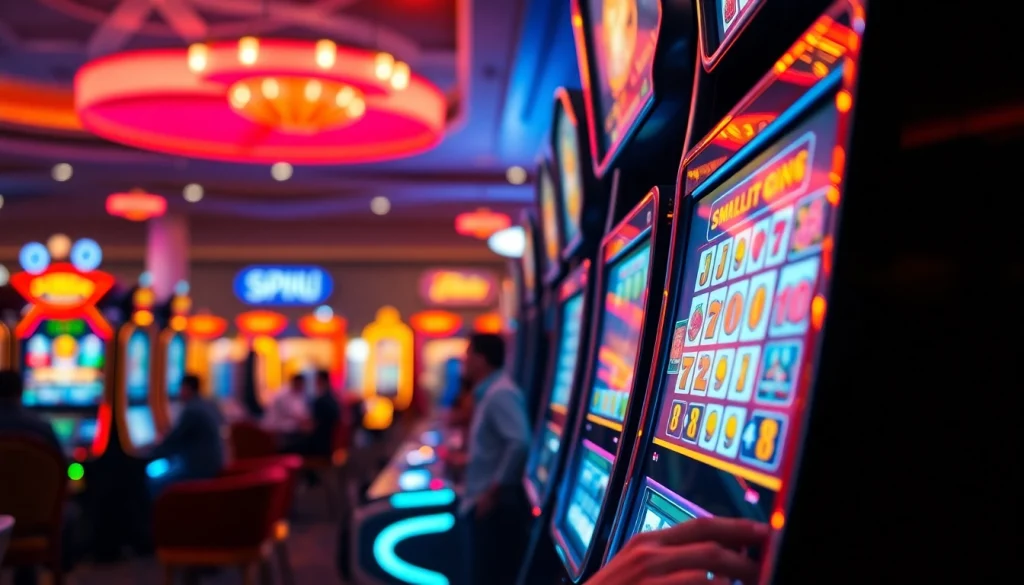 Menampilkan slot bet kecil dalam suasana kasino yang cerah dan penuh semangat.