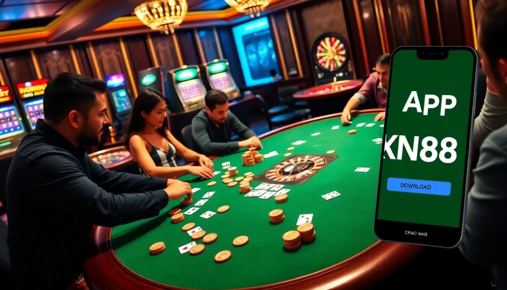 Experience luxury gaming with Tải App XN88 as players compete at a vibrant poker table.