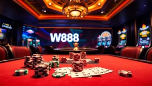 Experience thrilling gambling at W88 with elegant poker chips and a vibrant roulette wheel.