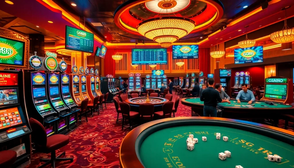 Experience excitement at Trang chủ GG88 with vibrant casino elements like slot machines and poker tables.