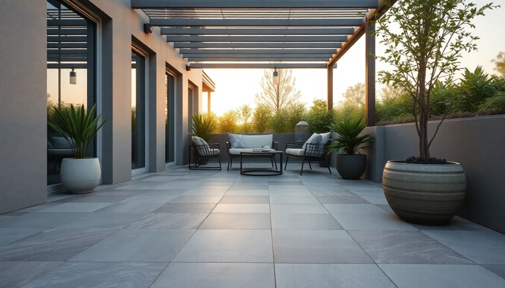 Carrelage extérieur élégamment présenté sur une terrasse moderne avec des meubles design.