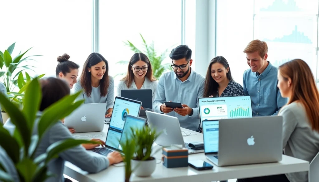 Engaged professionals utilizing 快连VPN in a modern workspace for secure internet access.