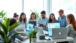 Engaged professionals utilizing 快连VPN in a modern workspace for secure internet access.