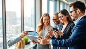 Engaged business team utilizing mobile CRM technology for streamlined customer management.