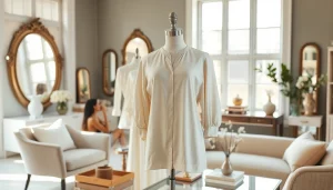 Rivelle clothing showcased in an elegant boutique setting with soft lighting.