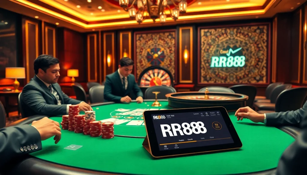 Experience thrilling poker gameplay at https://rr88.gratis/ showcasing vibrant chips, professional players, and luxe atmosphere.