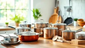 Cooking pots and pans arranged beautifully, showcasing cookware NZ options for culinary enthusiasts.