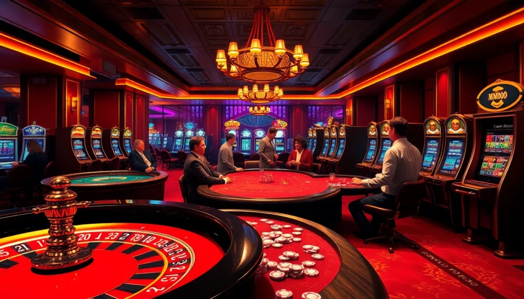 Players enjoying a luxurious casino experience at MMOO, engaging with roulette and slot machines.